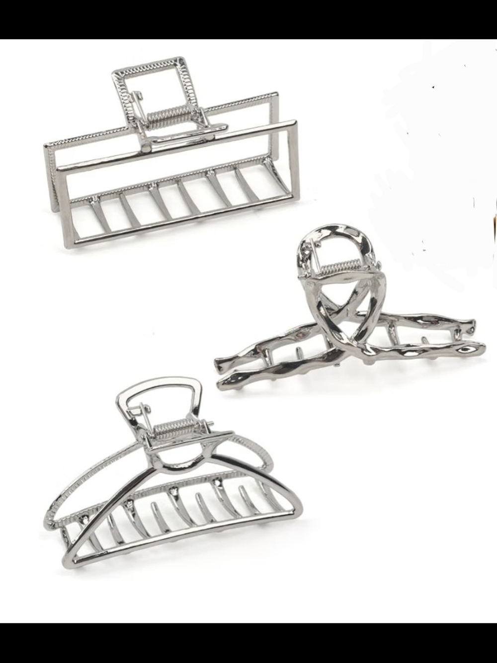 Set of 3 Silver Metal Hair Claw Clips